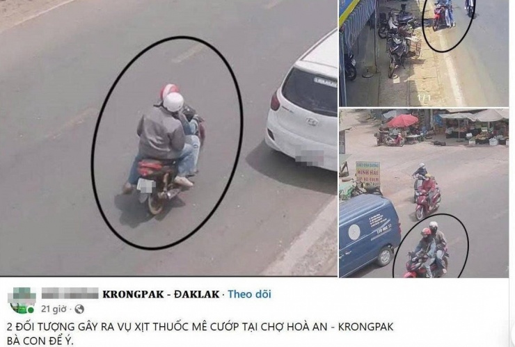 Bài đăng trên mạng xã hội tìm hai người đi xe máy nghi liên quan vụ xịt thuốc mê tại chợ Hòa An.