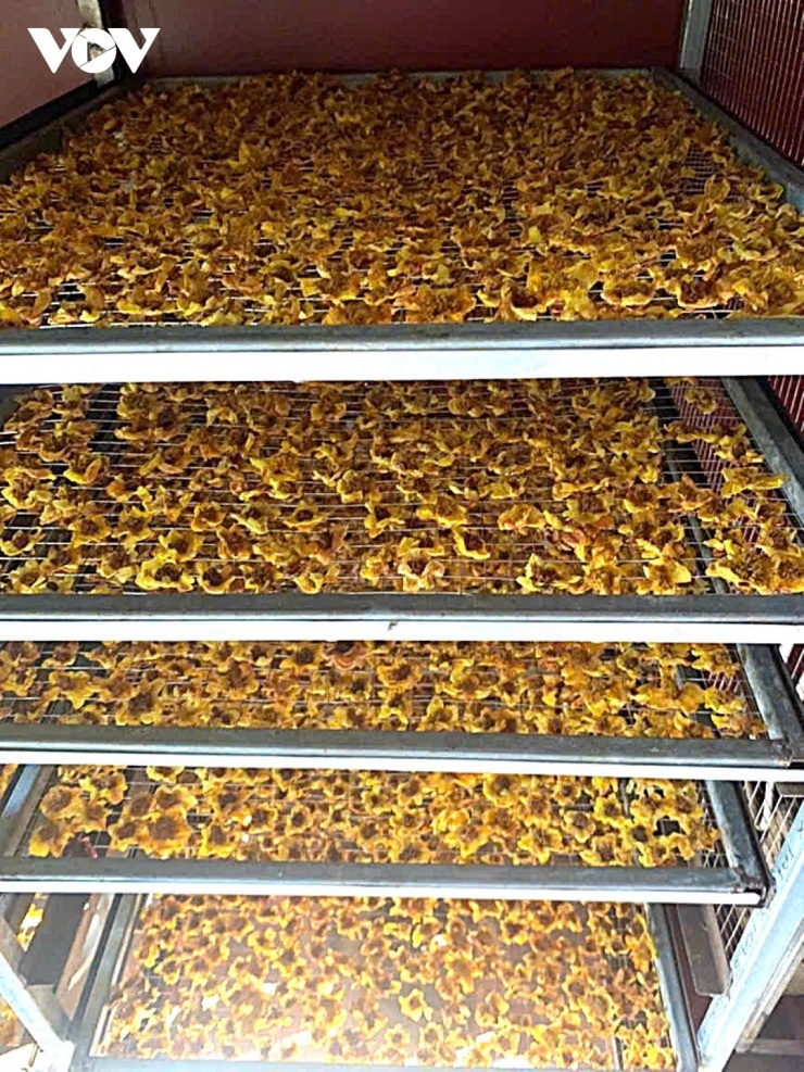 Hoa sau đó được xếp thủ công từng bông nằm trên giá sắt để cho vào lò sấy bằng điện. Thời gian sấy hơn nửa ngày ở mức nhiệt 55 - 60 độ C. (Ảnh: Hải Chi).