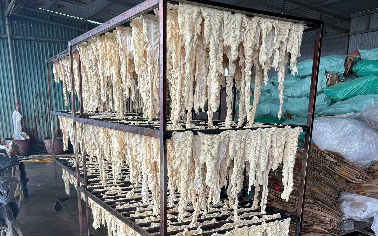 Lòng lợn trong kho chứa Công ty TNHH Sản xuất - Thương mại dịch vụ Trường Huy, tại xã Thượng Hồng, TP Hải Phòng.