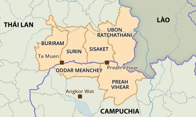 Tỉnh Surin của Thái Lan giáp với tỉnh Oddar Meanchey của Campuchia. Đồ họa: Britannica
