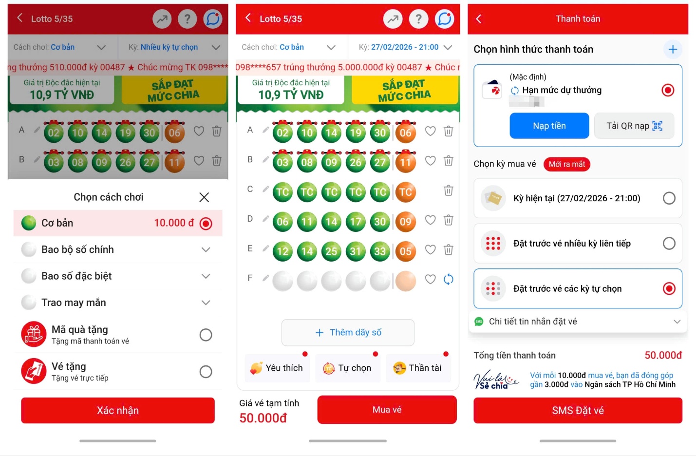 Các bước mua vé số Lotto 5/35 trên Vietlott SMS.