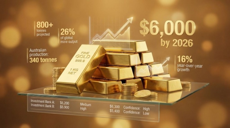 Một số tổ chức dự đoán giá vàng năm 2026 sẽ tăng lên mức 5.400-6.000 USD/ounce. Ảnh: Delivery Alert.