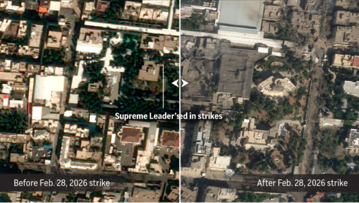 Khu phức hợp của Đại giáo chủ Iran Khamenei trước và sau khi bị tấn công. (Nguồn: AP)