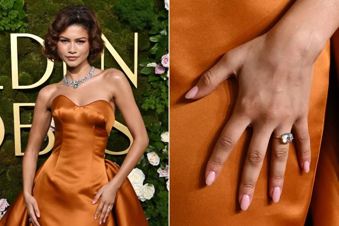 Zendaya khoe nhẫn đính hôn trên thảm đỏ Quả cầu vàng tháng 1/2025. Ảnh: Penske Media