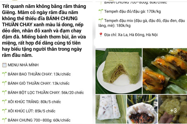 Một cửa hàng đồ chay đăng bán mâm cỗ chay trên mạng xã hội. Ảnh chụp màn hình.