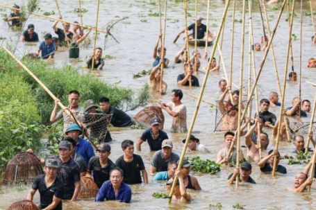 Người dân ngoại thành Hà Nội hò reo dập sào bắt cá trên sông Tích Giang