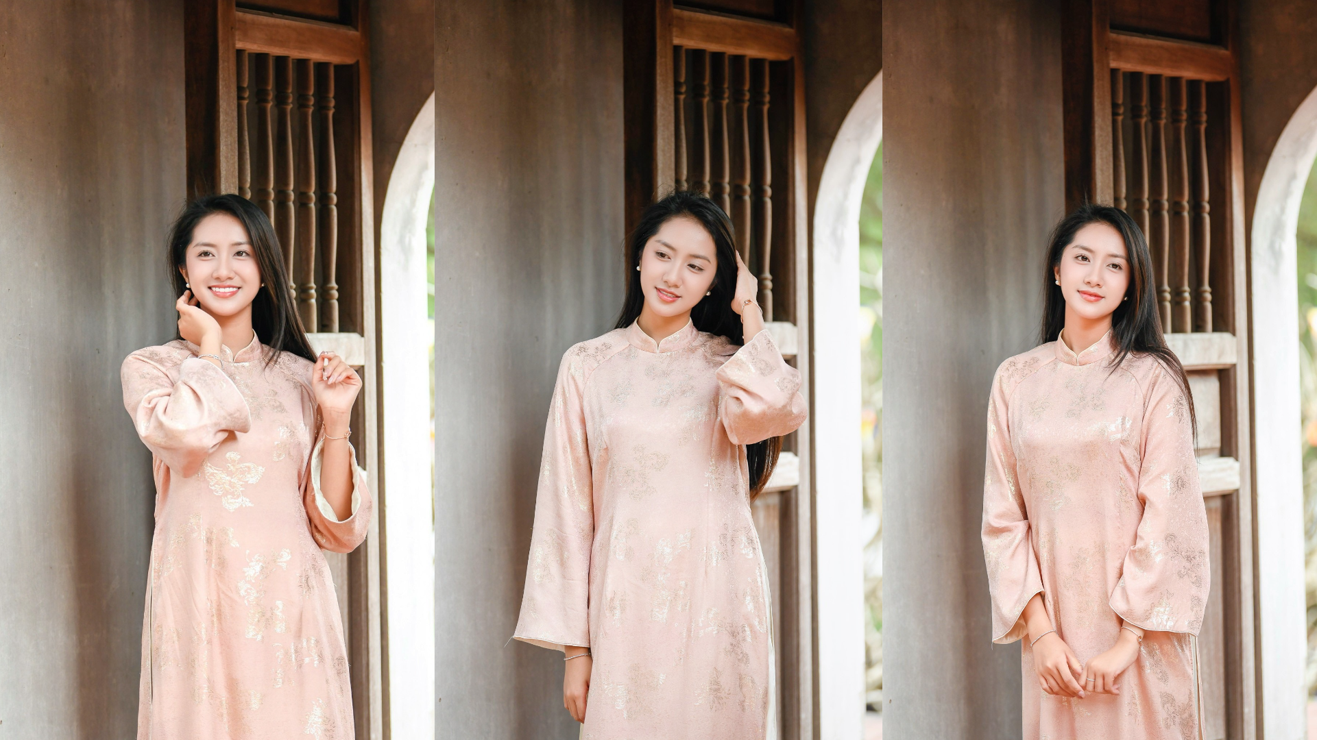 Hoa hậu Hà Trúc Linh diện áo dài lụa tông hồng phấn, thiết kế tối giản, cổ cao truyền thống và tay dài kín đáo. Chất liệu mềm rủ, bề mặt ánh kim tạo cảm giác thanh lịch, phù hợp không gian di tích cổ kính.
