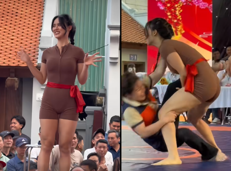 Hương Khánh Ly lên sới vật thi đấu và giành chiến thắng