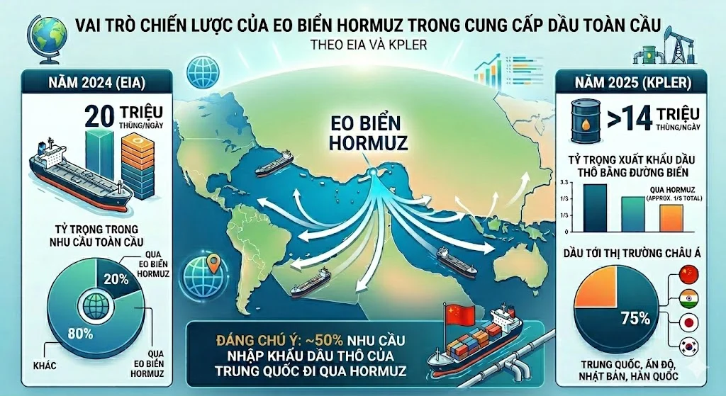 Trong năm 2025, lưu lượng dầu thô vận chuyển qua eo biển Hormuz đạt trên 14 triệu thùng mỗi ngày.