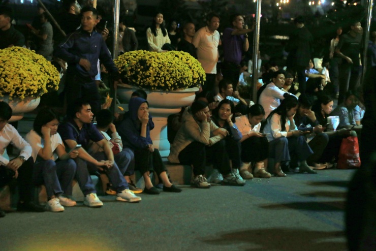Dưới ánh đèn vàng hắt xuống sân đền, hàng loạt người ngồi chờ trong trật tự. Những chậu cúc vàng đặt dọc lối đi càng làm nổi bật sắc xuân giữa biển người đông đúc.
