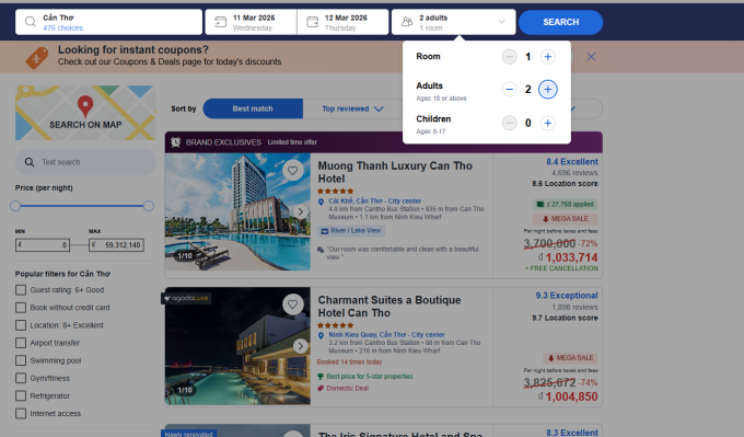 Nhiều người đi một mình vẫn ấn vào số "2" ở mục Room, phần tính số người lưu trú. Ảnh: Agoda