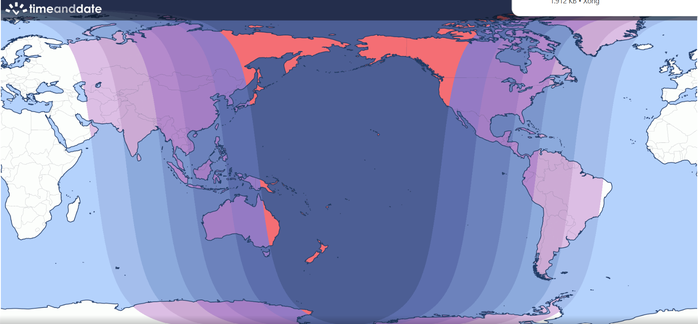 Bản đồ thể hiện khu vực quan sát nguyệt thực thuận lợi, trong đó phần lớn Việt Nam thuộc vùng số 3, có thể quan sát được toàn bộ pha "trăng máu" nhưng bỏ lỡ một phần các pha một phần và nửa tối - Ảnh: TIME AND DATE