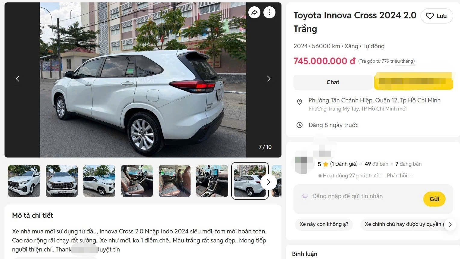 Tin rao bán xe. (Ảnh chụp màn hình)
