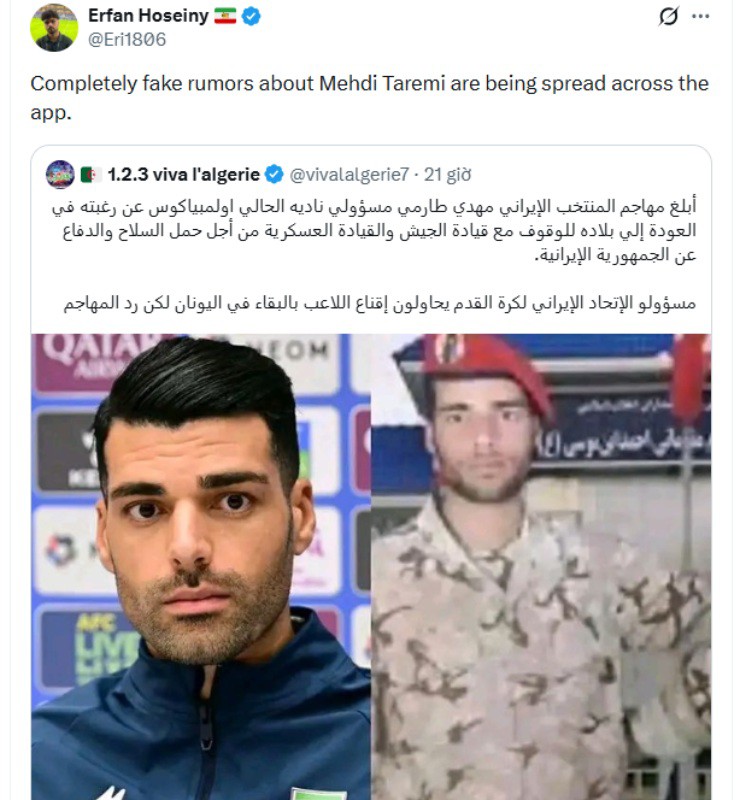 Nhà báo&nbsp;Erfan Hoseiny khẳng định thông tin Taremi muốn trở về Iran nhập ngũ hoàn toàn sai sự thật