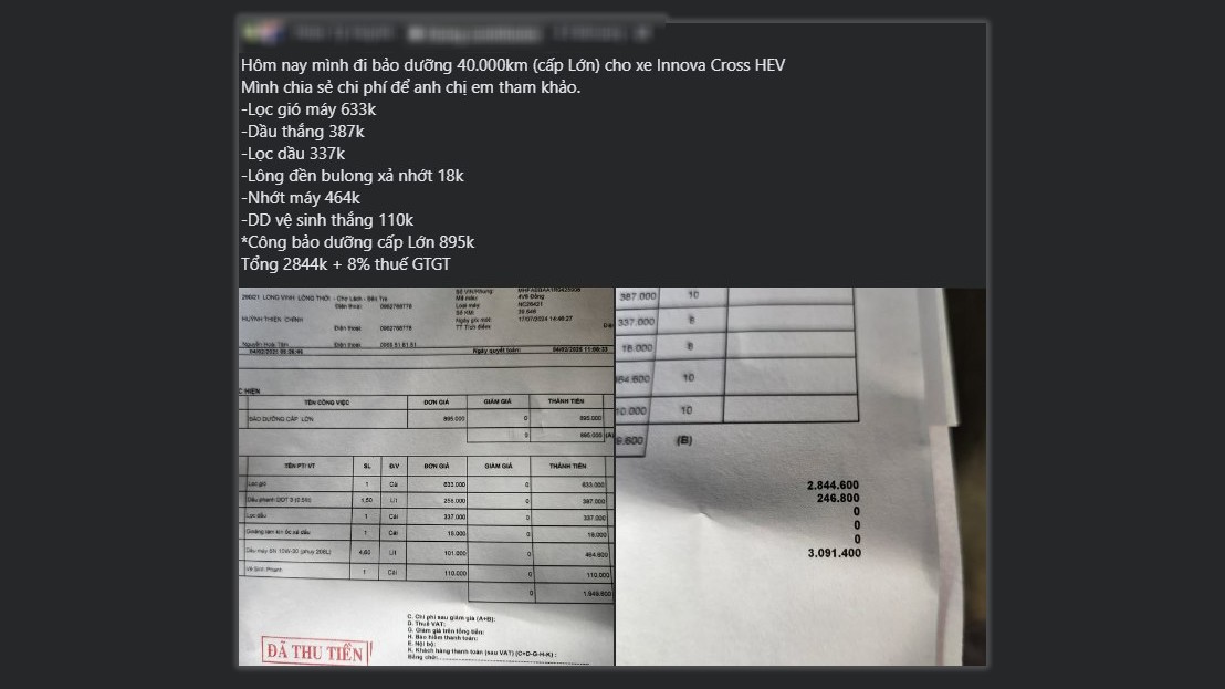 Toyota Innova Cross HEV cho biết chi phí bảo dưỡng tại mốc 40.000 km chỉ hơn 3 triệu đồng.