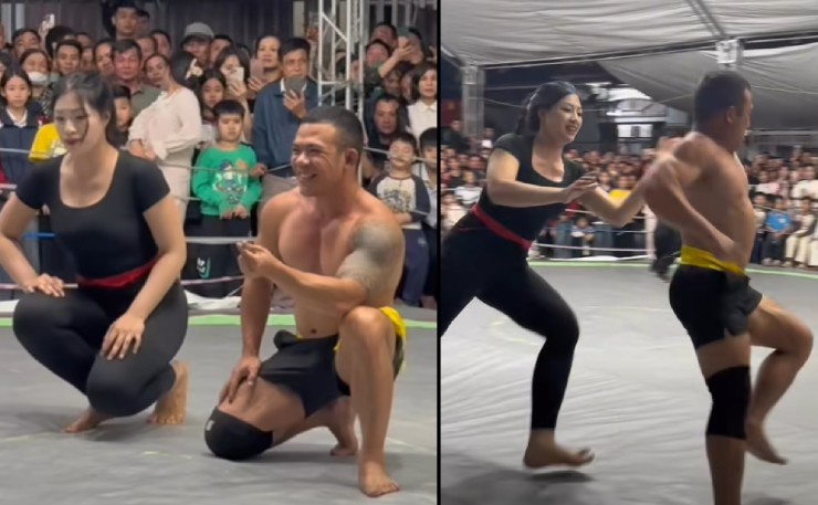 Bắp Kimochi (bên phải) và trận đấu rất vui với Anh Thơ tại hội vật làng Bún