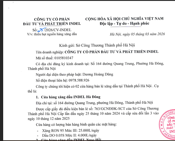 Công văn của Công ty Cổ phần Đầu tư và Phát triển INDEL gửi Sở Công Thương Hà Nội về tình hình xăng dầu