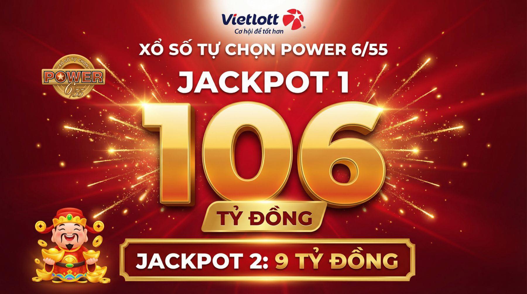 Jackpot 1 xổ số tự chọn Power 6/55 vượt trăm tỷ.