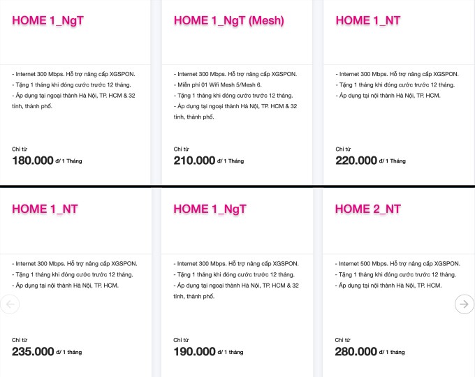 Giá thuê bao Internet tháng của một nhà mạng trước thay đổi (ảnh trên) và hiện tại. Ảnh chụp màn hình