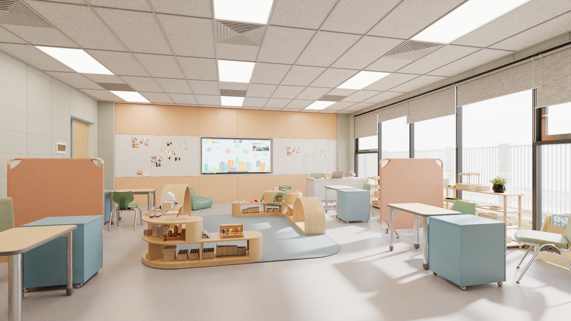 Không gian lớp học được thiết kế linh hoạt, có thể chuyển đổi từ khu vực chung sang không gian cá nhân hóa theo nhu cầu hỗ trợ của từng học sinh.