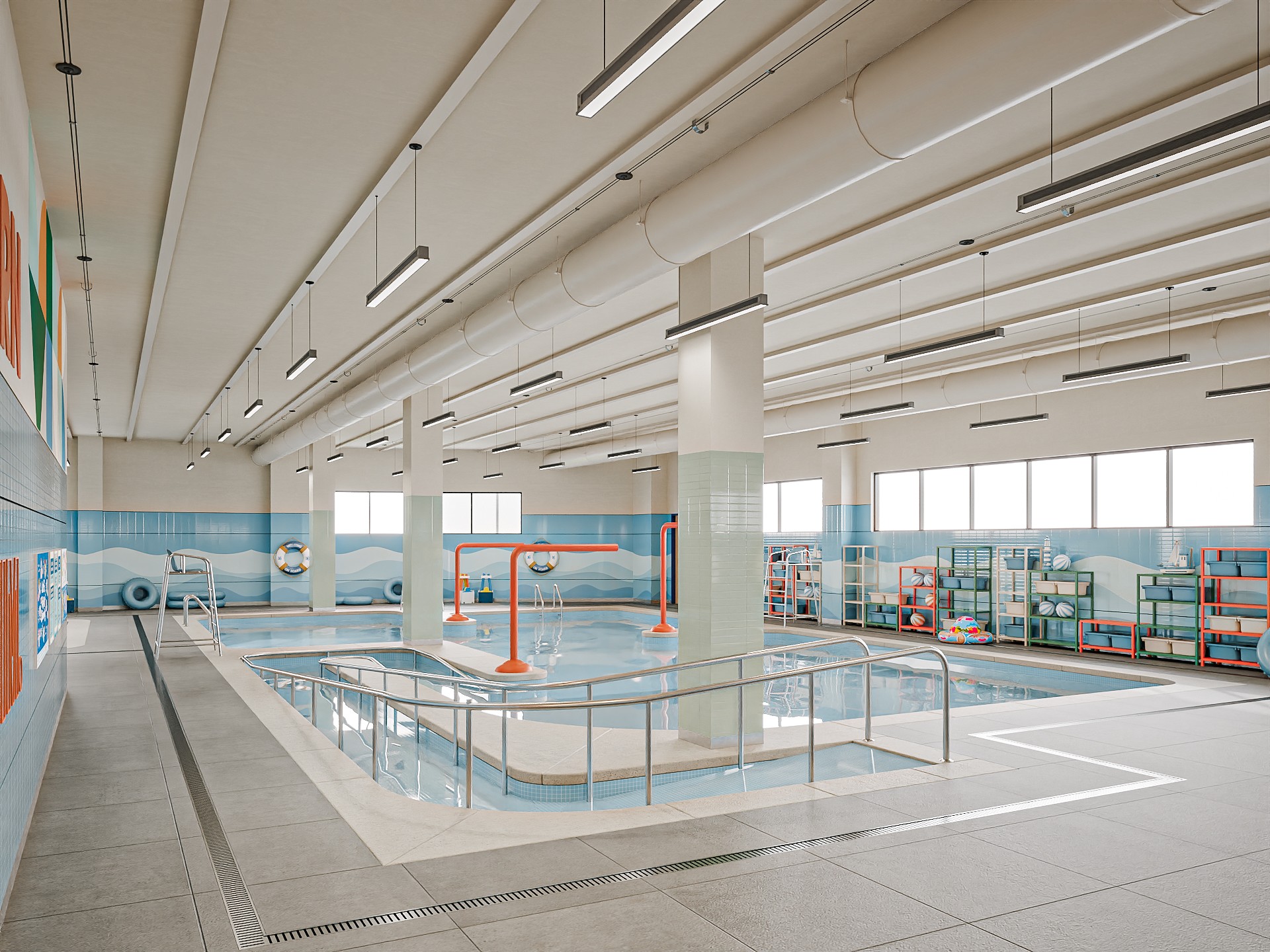 Bể bơi thủy trị liệu được duy trì ở mức nhiệt ổn định 33–36°C, kết hợp vòi phun massage và đặc tính nâng đỡ, kháng lực của nước để hỗ trợ vận động và điều hòa cảm giác.