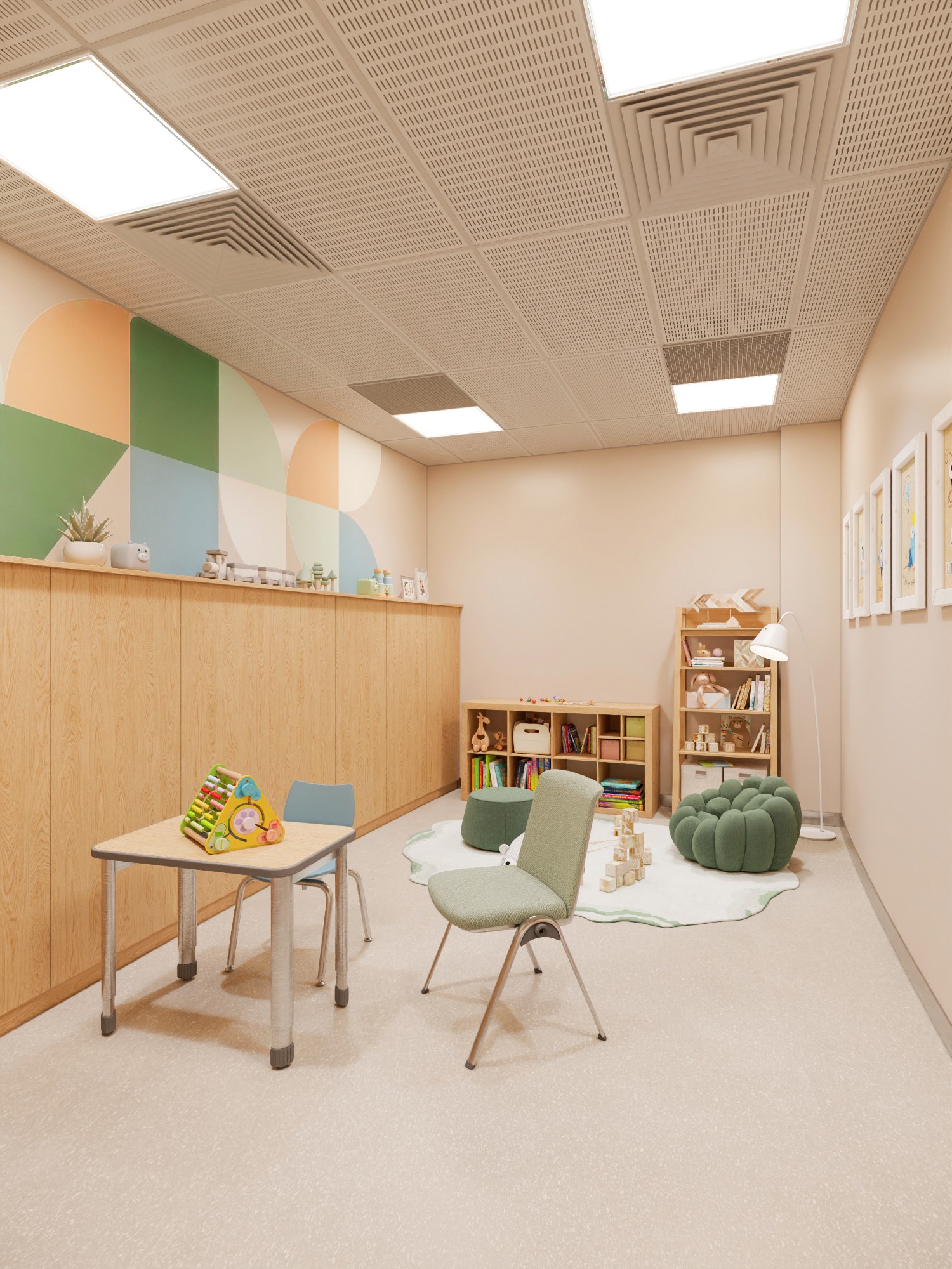 Các phòng can thiệp 1:1 và nhóm nhỏ được bố trí riêng tư, tối giản về thị giác nhằm giúp học sinh cảm thấy an toàn và tập trung vào quá trình trị liệu.