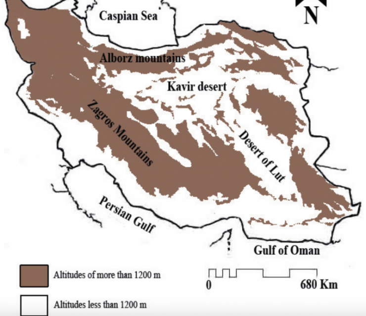 Giới phân tích nhận định, địa hình Iran với những dãy núi dựng đứng (màu nâu) cao trên 1200m là thách thức với mọi chiến dịch bộ binh quy mô lớn. Ảnh: Research Gate