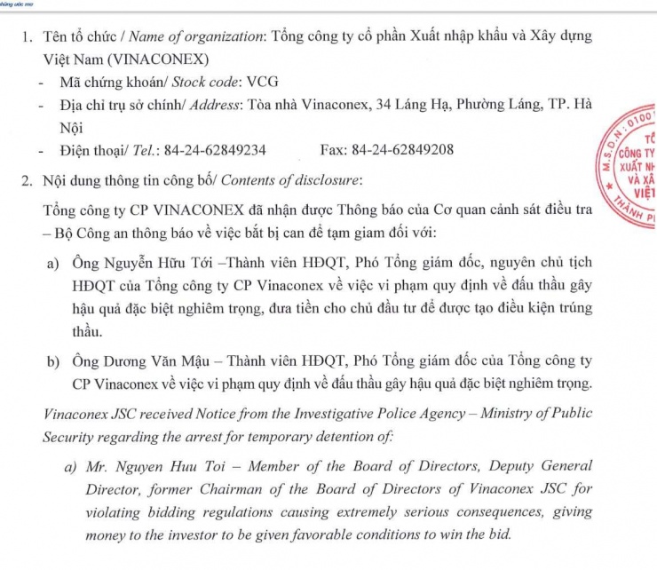 Trích công bố thông tin của Vinaconex.