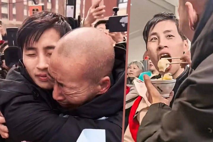 Zhang Yunpeng ôm chầm lấy cha ruột là Zhang Jiucheng trong cuộc gặp gỡ đầu tiên sau nhiều năm thất lạc. (Ảnh: thepaper)