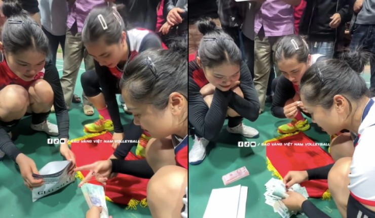 Các cô gái Ninh Bình gây sốt với màn "đếm tiền mỏi tay" sau khi vô địch. Ảnh Sao Vàng Việt Nam Volleyball