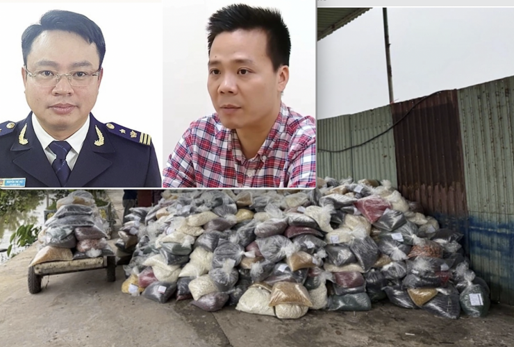 Bị can Nguyễn Thế Việt, cựu Cục phó Giám sát quản lý về Hải quan (trái) và bị can Nguyễn Năng Mạnh cùng tang vật.
