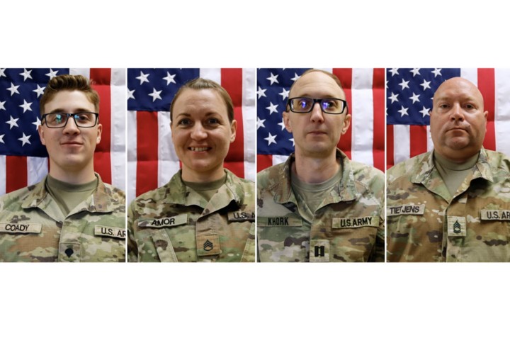 4 binh sĩ khác cũng được xác nhận thiệt mạng, từ trái sang phải gồm Trung sĩ Declan J. Coady (20 tuổi), Trung sĩ Nhất Nicole M. Amor (39 tuổi), Đại úy Cody A. Khork (35 tuổi) và Trung sĩ Nhất Noah L. Tietjens (42 tuổi). (Nguồn: Quân đội Hoa Kỳ)