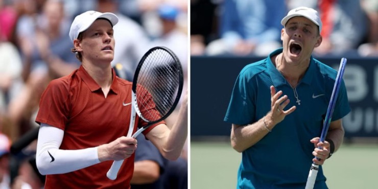 Sinner (bên trái) bước vào trận đấu không dễ dàng với Shapovalov (bên phải)