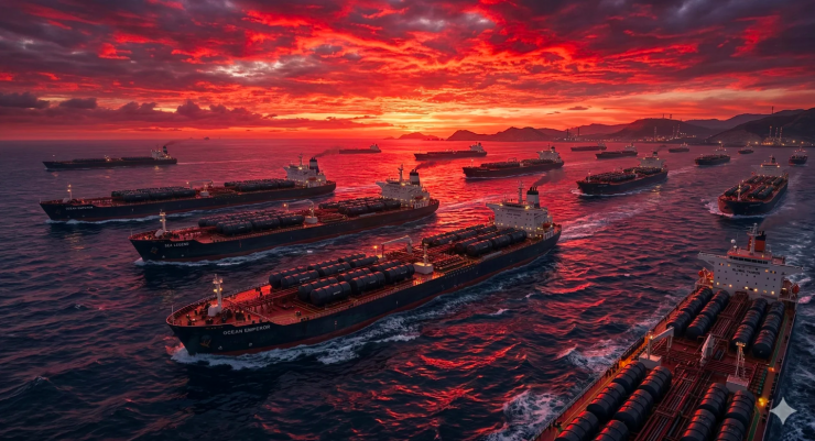 Hàng chục triệu thùng dầu thô mắc kẹt trước eo biển Hormuz. Ảnh AI