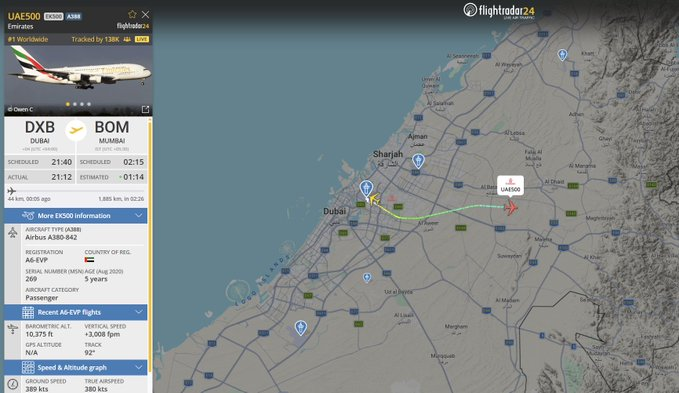 Bản đồ Flightradar24 hiển thị chuyến bay Emirates UAE500 từ Dubai đến Mumbai. (Nguồn: Flightradar24)