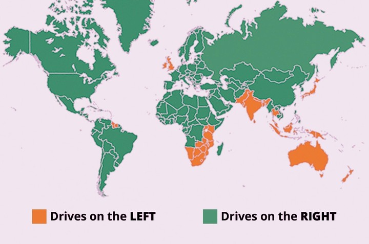 Các nước màu xanh lái xe làn phải. Còn các nước màu cam lái xe làn trái. (Ảnh: Autodeal)