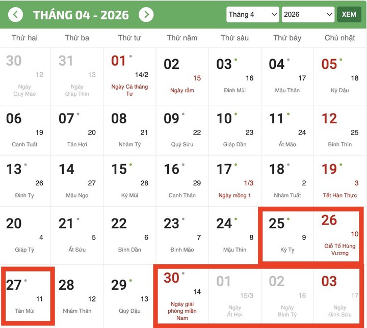 Lịch nghỉ Giỗ Tổ Hùng Vương 2026 và dịp 30/4 – 1/5.
