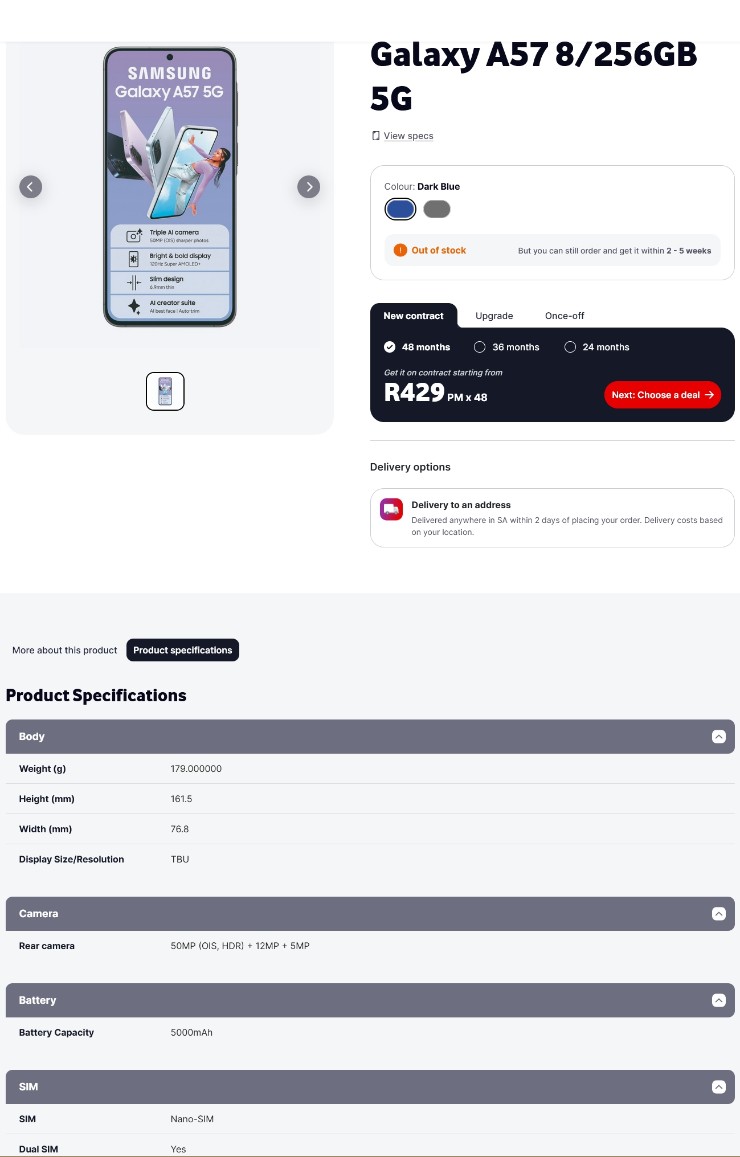 Thông tin thông số kỹ thuật và giá bán của bộ đôi Galaxy A sắp tới tại thị trường Nam Phi.