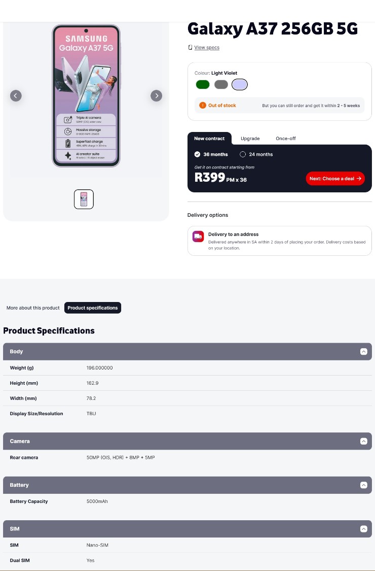 Thông tin thông số kỹ thuật và giá bán của bộ đôi Galaxy A sắp tới tại thị trường Nam Phi.