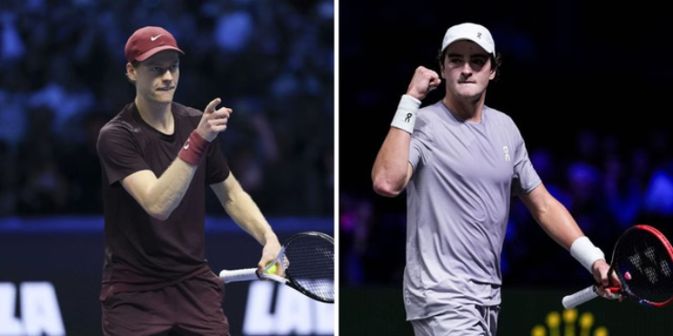 Sinner (bên trái) lần đầu chạm trán "thần đồng" Brazil&nbsp;Fonseca (bên phải)