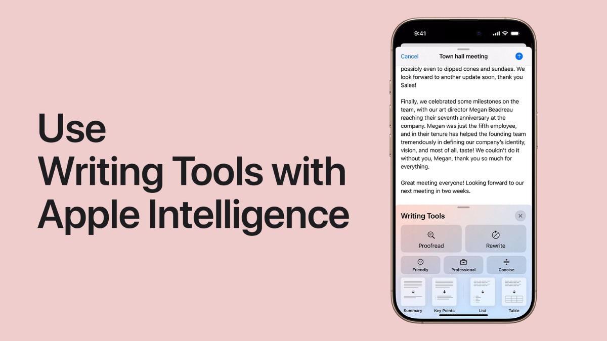 Writing Tools giúp bạn tóm tắt thông tin cuộc họp nhanh chóng. Ảnh: Apple