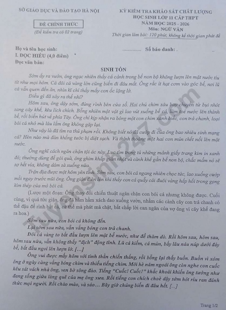 Đề thi Văn khảo sát chất lượng học sinh 11 Hà Nội với nội dung gây chú ý - 1