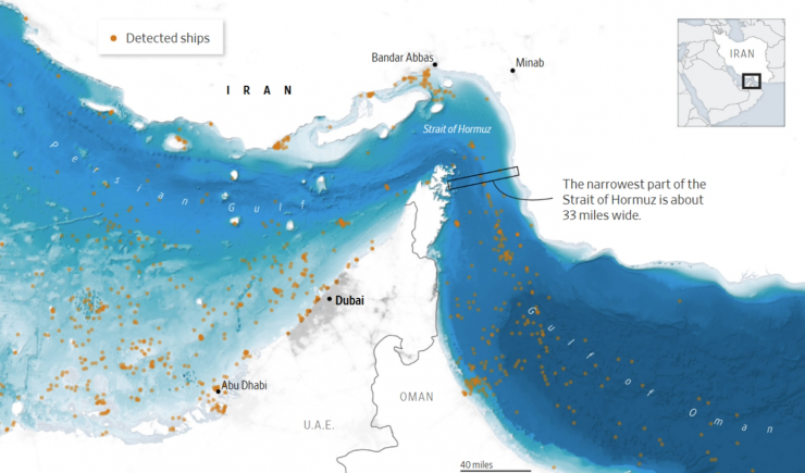 Chấm vàng đại diện cho tàu biển ở khu vực vịnh Ba Tư, eo biển Hormuz và vịnh Oman tính đến ngày 10/3. (Nguồn: MarineTraffic)