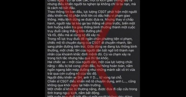 Thông tin CSGT truy đuổi khiến 2 người tử vong là sai sự thật