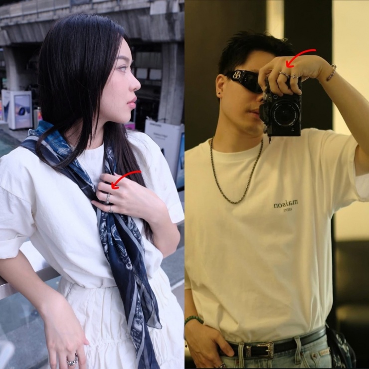 Nhiều khán giả phát hiện trong chuyến đi Thái Lan một tháng trước đó, Miss International 2024 cũng dùng nhiều món đồ trùng lặp với 'bạn trai tin đồn'. Hoa hậu đeo bộ ba chiếc nhẫn được cho là nhẫn đôi với Trịnh Thăng Bình.