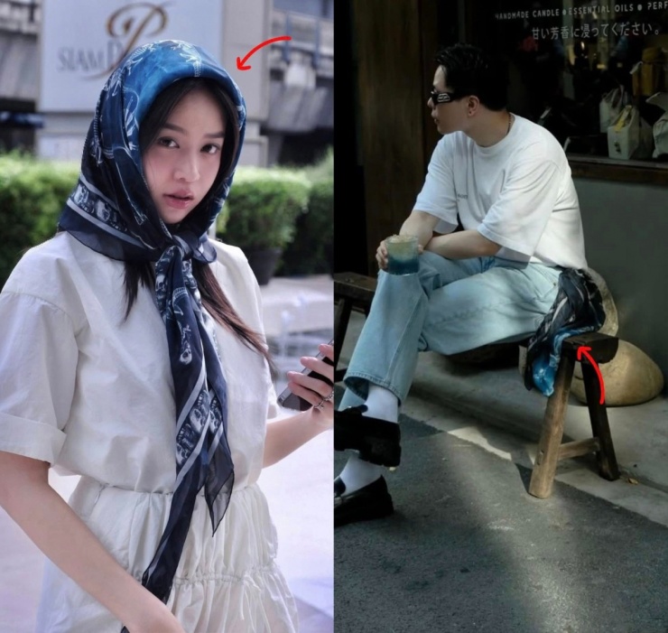 Mẫu khăn họa tiết được Thanh Thủy và Trịnh Thăng Bình cùng sử dụng để tạo điểm nhấn cho trang phục.