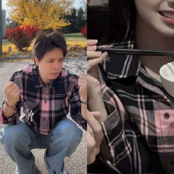 Cặp sao còn từng chọn mặc mẫu áo sơ mi kẻ hồng của MLB giống hệt nhau.