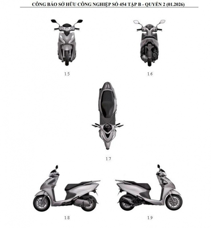 Hình ảnh mẫu xe máy mới của Honda trong Công báo sở hữu công nghiệp số 454 tháng 1/2026. Ảnh chụp màn hình