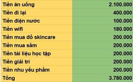 Bảng chi tiêu hàng tháng của Yến Giang.