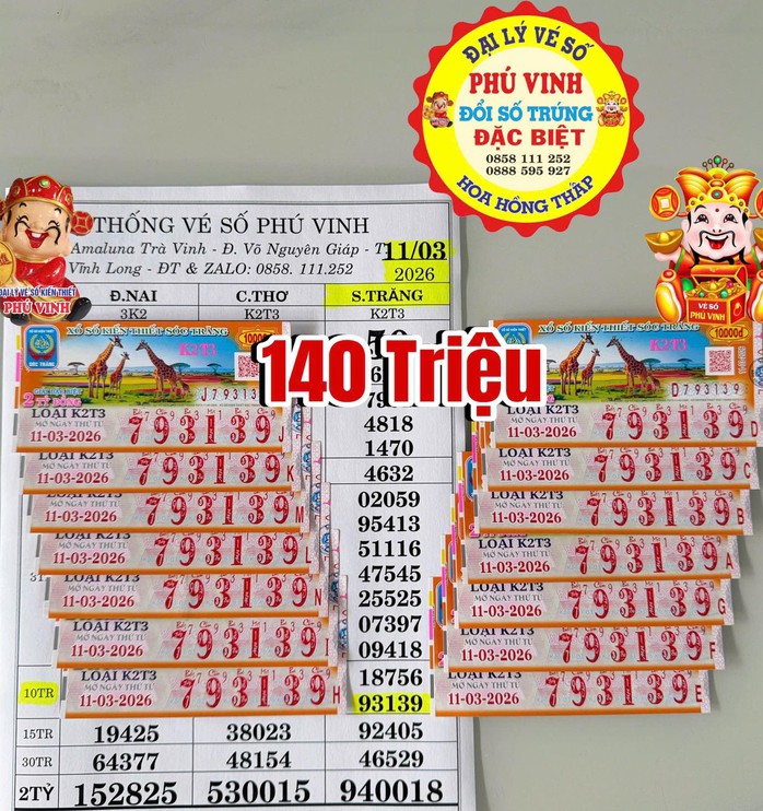 14 tờ vé số Sóc Trăng trúng giải 3 được đổi tại tỉnh Vĩnh Long. Ảnh: ĐLVS Phú Vinh